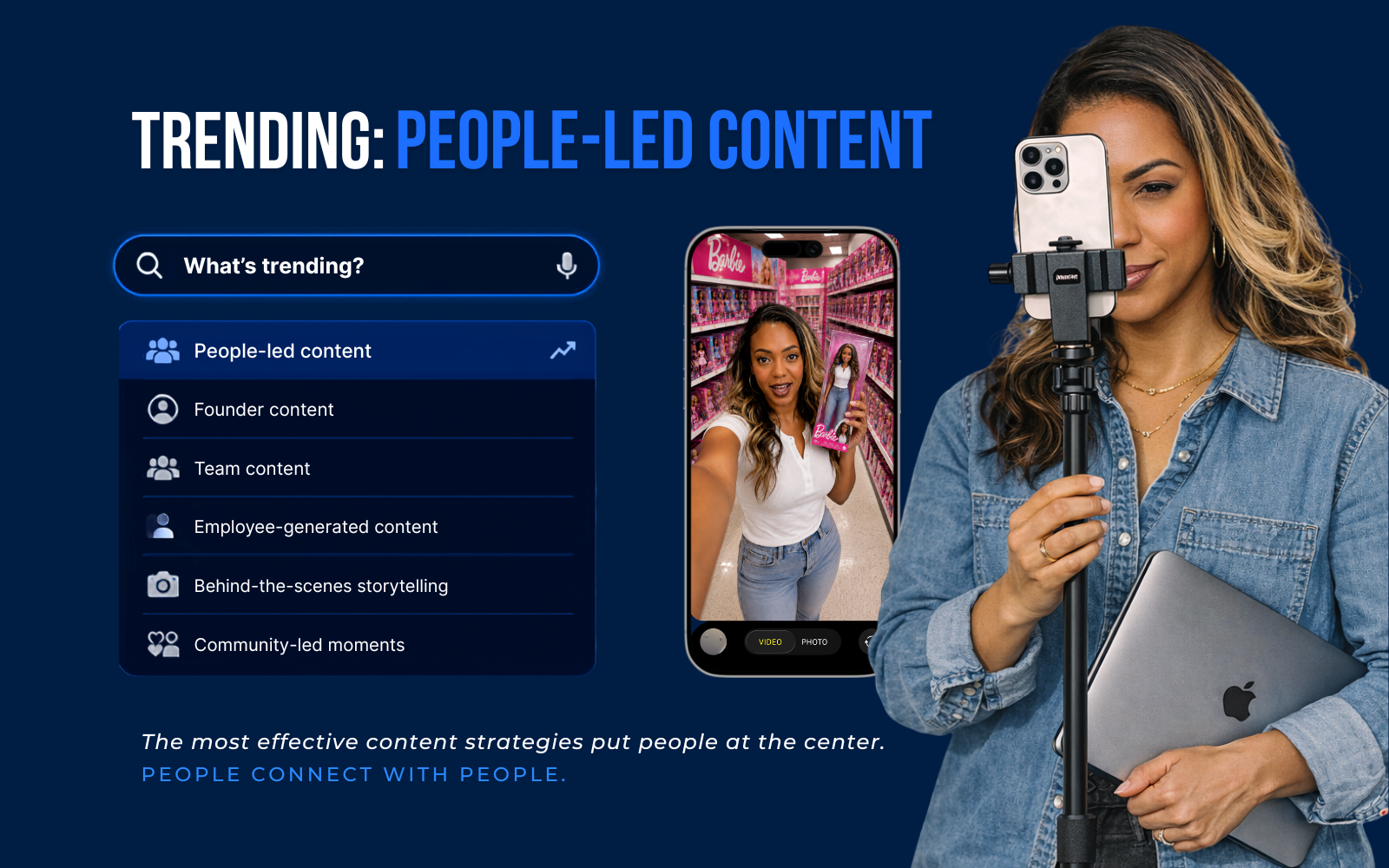 Graphic reading Trending: people-led content, with a search dropdown listing founder content, team content, employee-generated content, behind-the-scenes storytelling and community-led moments